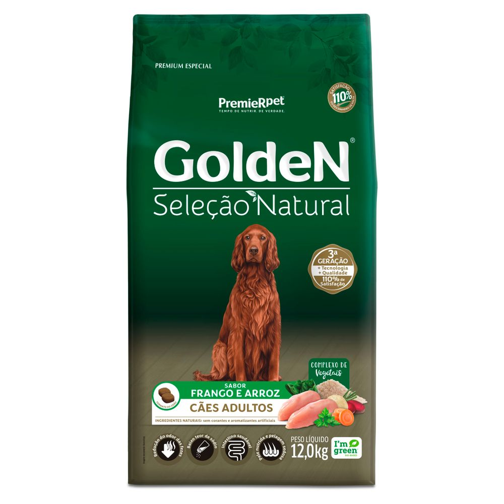 Ração Golden Seleção Natural Cães Adultos Frango e Arroz 12 kg