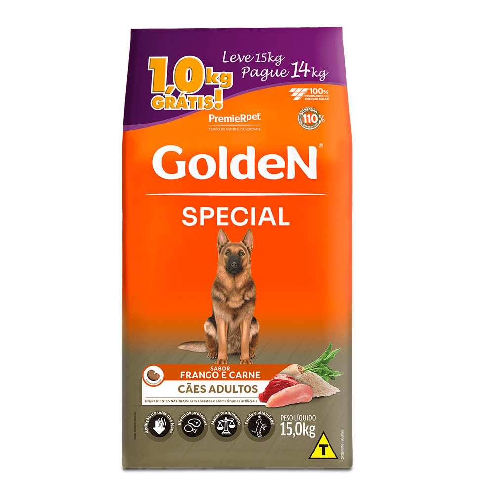 The Golden Gallop シリーズ Special Ver. Ração Golden Special para Cães Adultos Frango e Carne 15 kg Pague 14kg